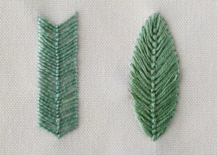 Closed Fly Stitch band and leaf embroidery with green threads