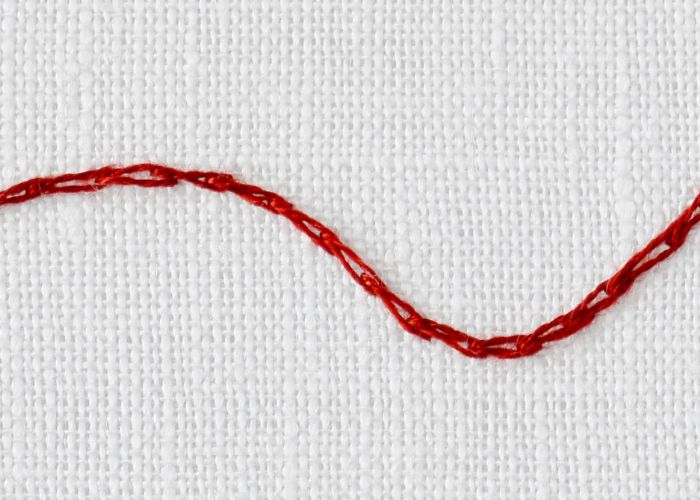 Split Stitch embroidery with dark red floss
