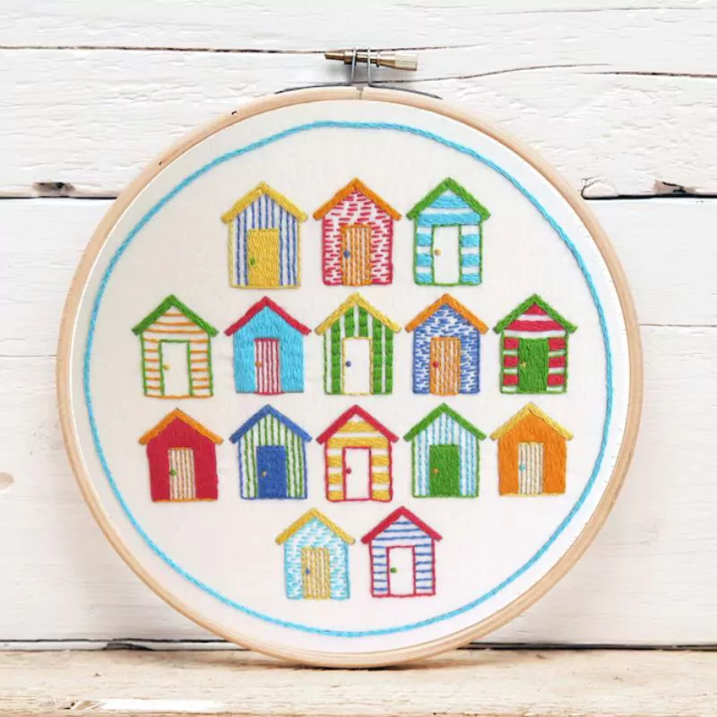 Beach Huts - colorful hand embroidery pattern, By Stitchdoodles Design