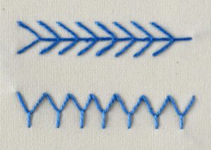 Connected Fly stitch embroidery with blue pearl cotton