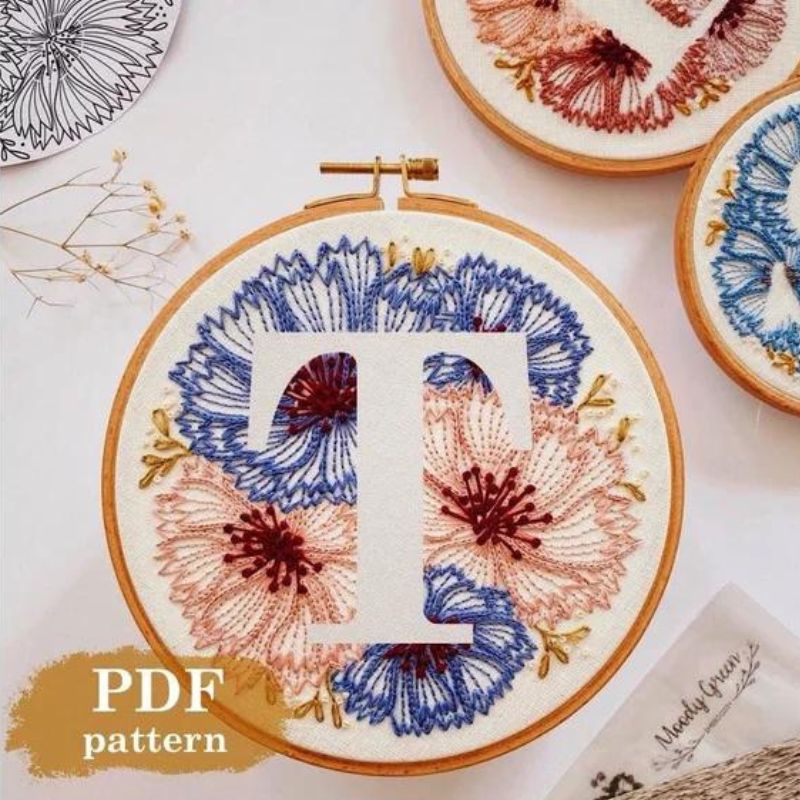 Cornflower Letter T Hand Embroidery Pattern by Moody Green on Etsy