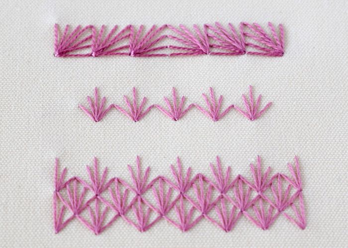 Fan Stitch embroidery with pink pearl cotton and embroidery floss