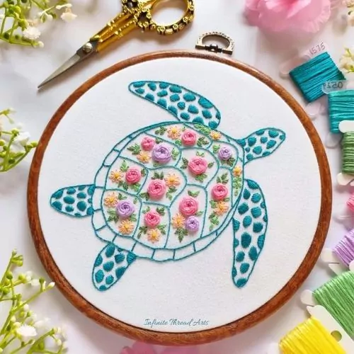 Floral Turtle hand embroidery pattern designed by InfiniteThreadArts on Etsy