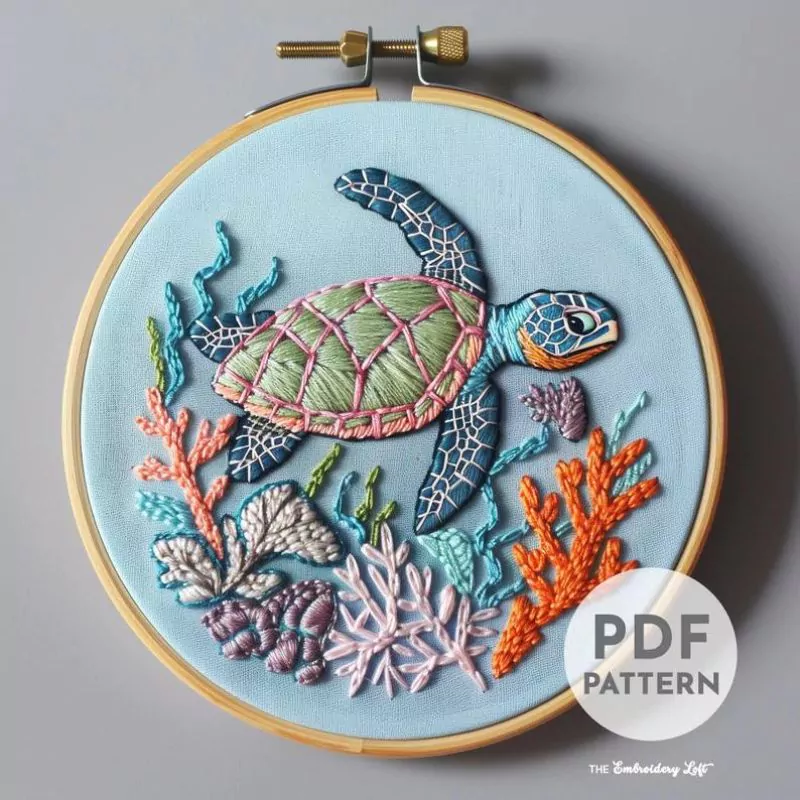 Sea Turtle - ocean wildlife hand embroidery PDF pattern By The Embroidery Loft Co