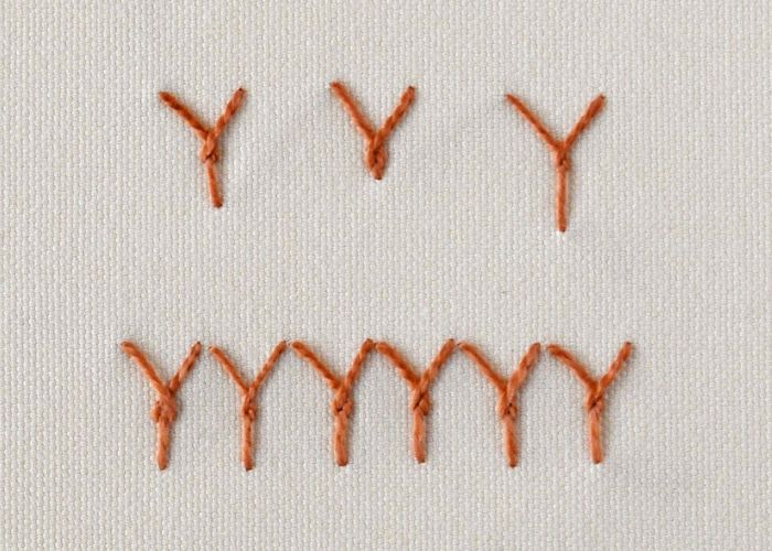Twisted Fly Stitch embroidery with orange pearl cotton
