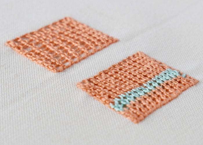 Ceylon Stitch embroidery with orange pearl cotton