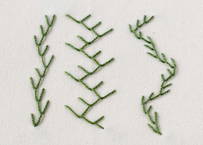 Double Feather Stitch embroidery with green pearl cotton