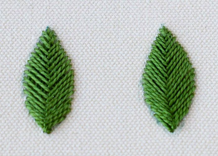 Raised Fishbone Stitch leaves - embroidery with pearl cotton thread