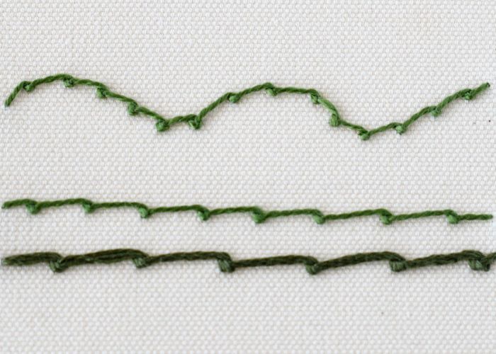 Bordado Scroll Stitch con hilos verdes