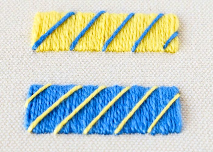 Whipped Satin Stitch embroidery with blue and yellow pearl cotton