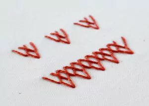 Anklet stitch embroidery with red thread row and detached motives