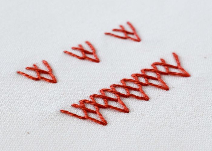 Anklet stitch embroidery with red thread row and detached motives