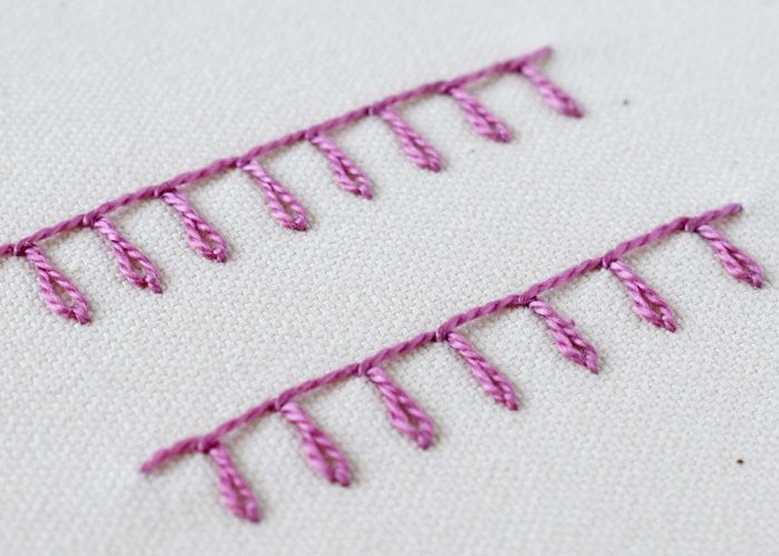 Basque Stitch embroidery with pink pearl cotton thread