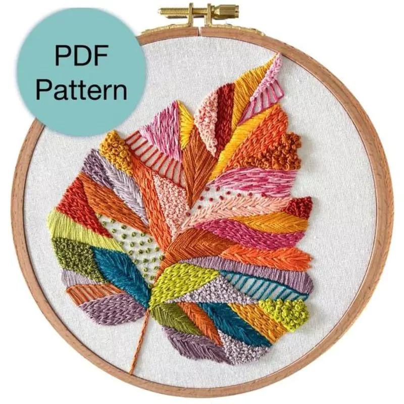 Colorful Abstract Leaf - hand embroidery pattern by bloomandfloss on Etsy