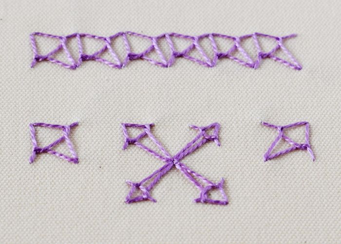 Eastern Stitch embroidery with purple pearl cotton