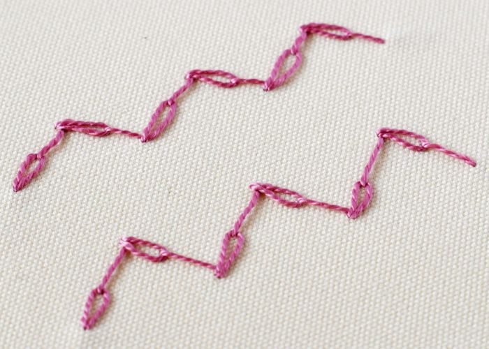 Feathered Chain Stitch embroidery with pink pearl cotton thread