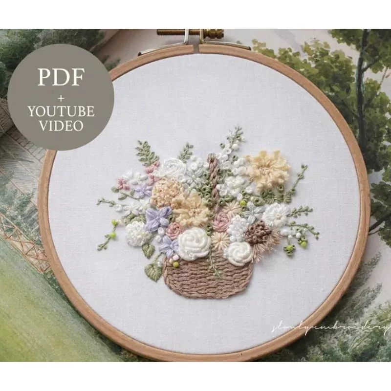 Floral Basket - Beginner-friendly hand embroidery pattern by Slowly Embroidery on Etsy