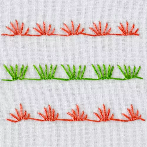 Rosette of Thorns embroidery with red and green floss