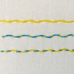 Threaded Running Stitch with yellow and blue threads