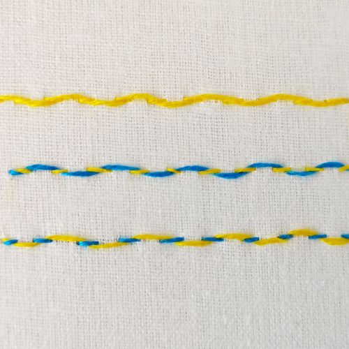 Threaded Running Stitch with yellow and blue threads