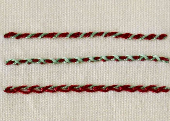Whipped Chain Stitch embroidery with two colors of pearl cotton