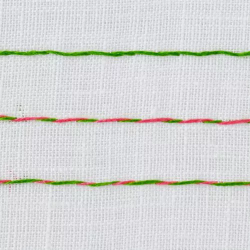 Whipped Running Stitch with pink and green floss