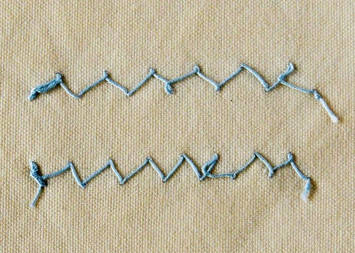 Broderie Zig Zag Chain Stitch avec fil bleu au verso