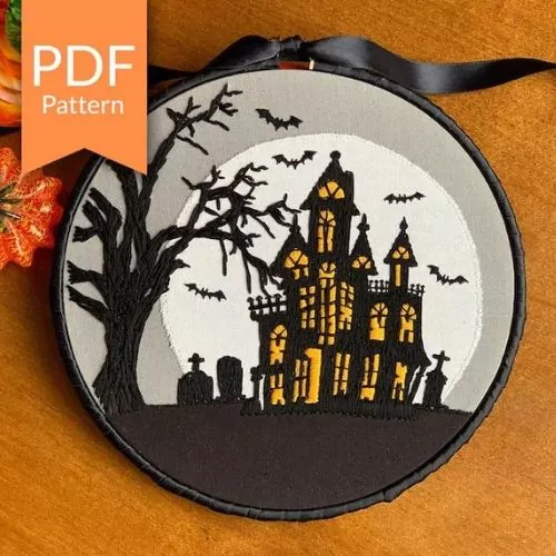 Haunted House - hand embroidery design for Halloween - by ColorZenThreads on Etsy