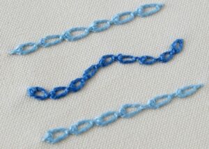 Knotted Cable Chain Stitch embroidery with blue pearl cotton