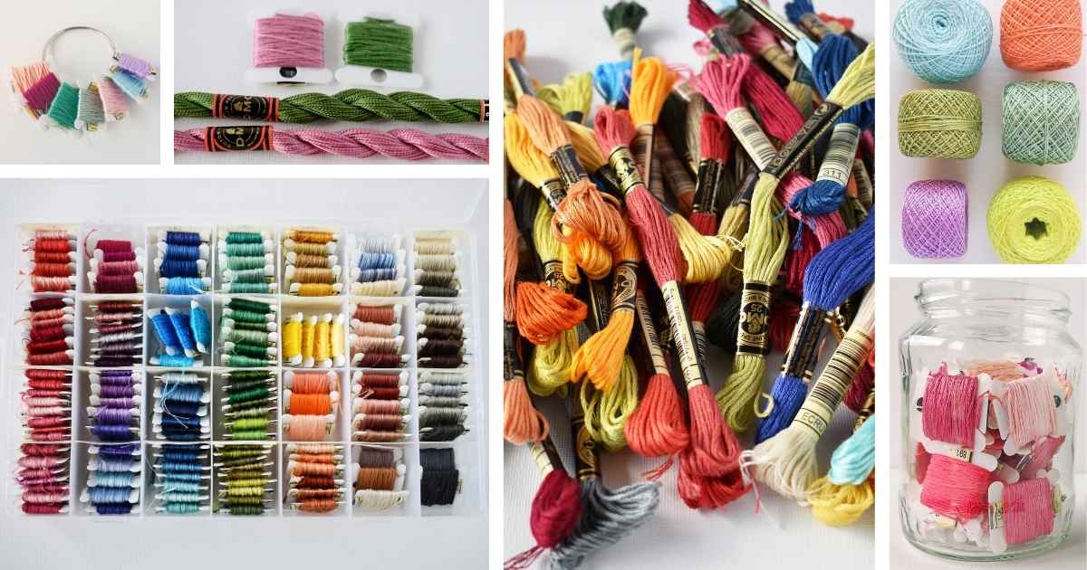 Organize embroidery floss in boxes and jars