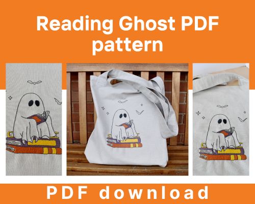 Reading Ghost free PDF for DIY tote bag embroidery project