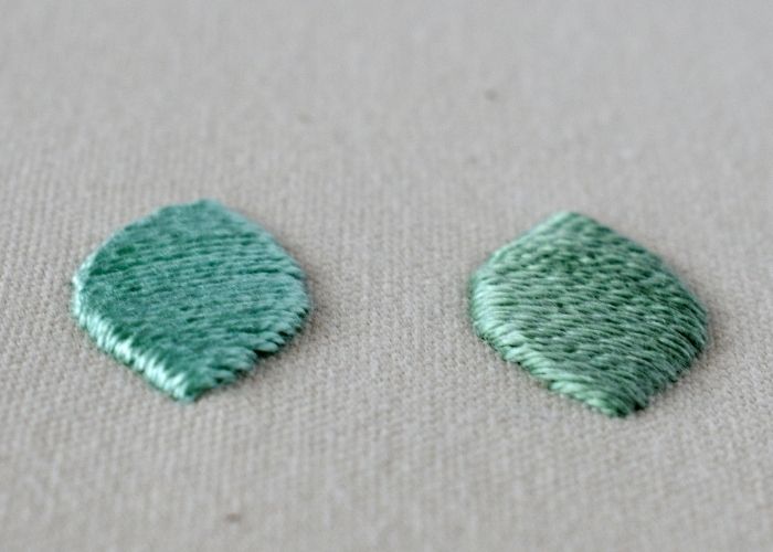 Padded Satin Stitch embroidery with green pearl cotton thread