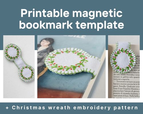 Printable magnetic bookmark template with a Christmas wreath embroidery pattern