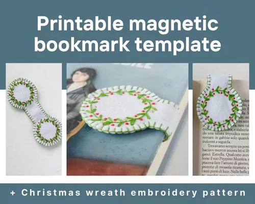 Printable magnetic bookmark template with a Christmas wreath embroidery pattern
