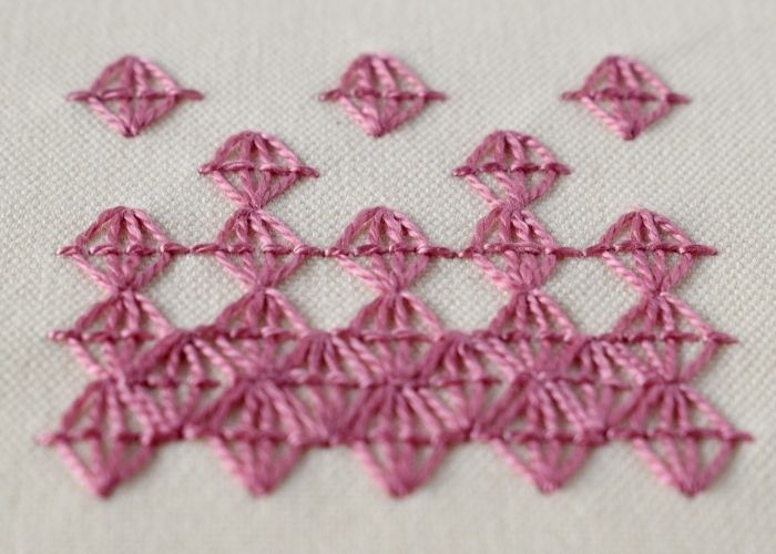 Queen Stitch embroidery with pink pearl cotton thread