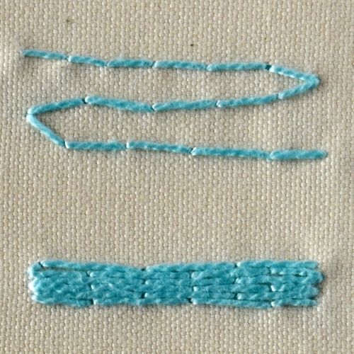 Underside Couching embroidery with light blue pearl cotton