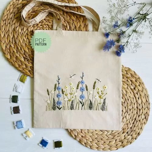 Botanical embroidery tote bag pattern by VividStitchShop on Etsy