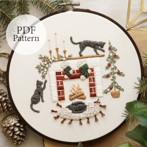 Cat Christmas Fireplace - step-by-step embroidery pattern on Etsy 