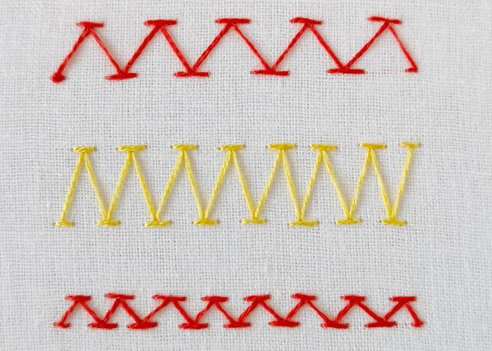 Chevron stitch embroidered with red and yellow floss