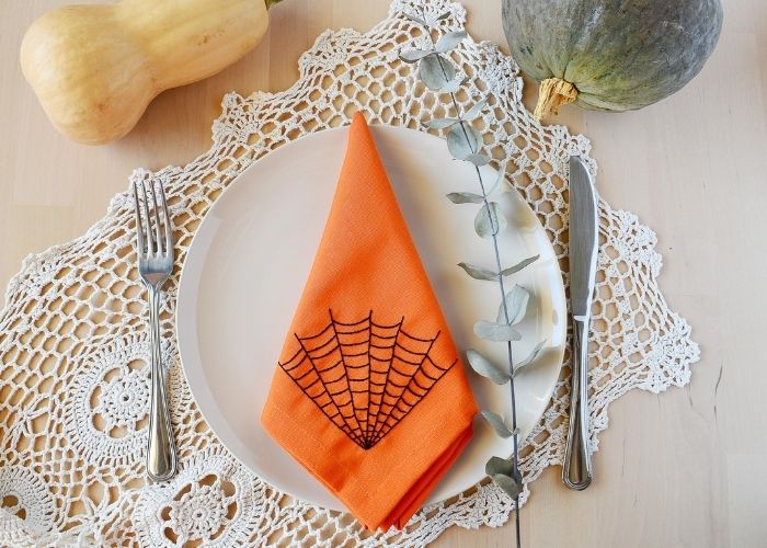 Halloween Cobweb hand embroidery pdf pattern on napkin