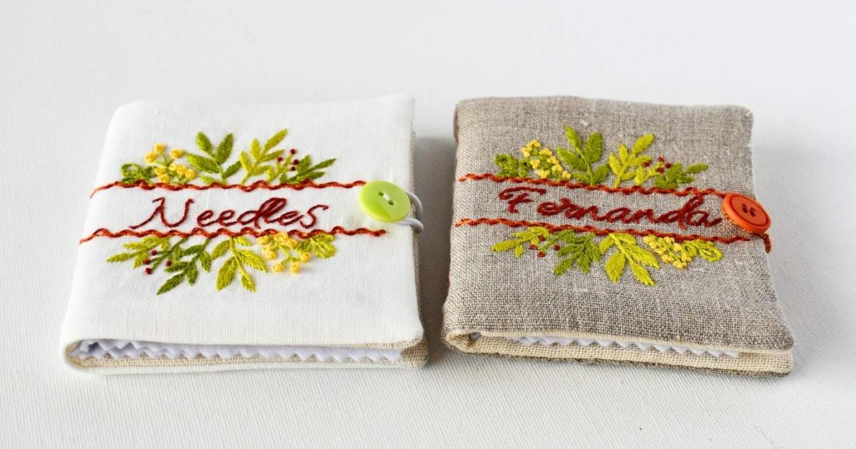 Hand embroidered needle books with botanical embroidery