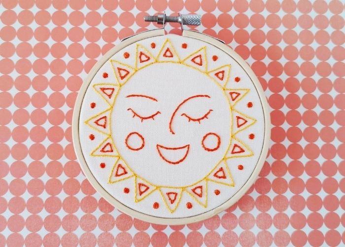 Happy sun hand embroidery hoop art