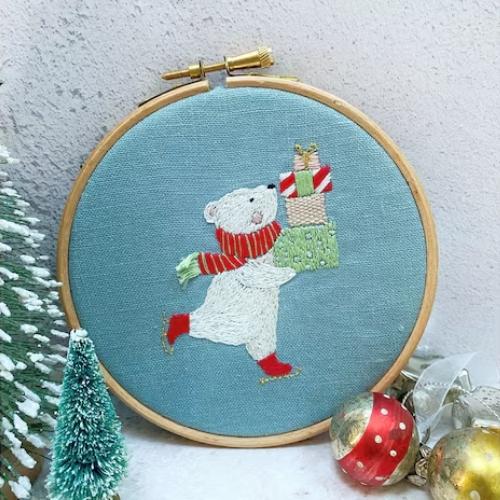 Little Skating Christmas Polar Bear with presents - hand embroidery pattern on Etsy