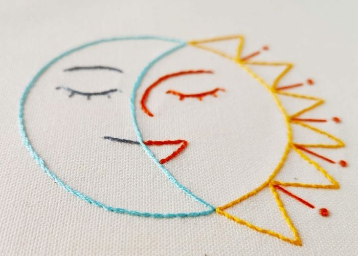 Smiling Sun and Moon hand embroidery pattern