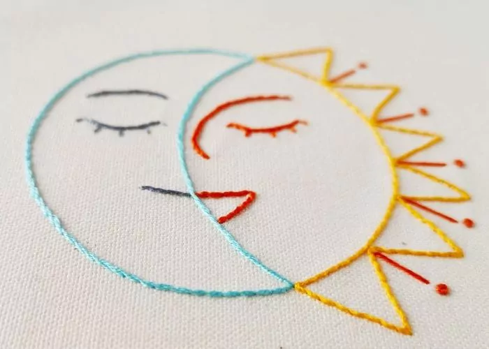 Smiling Sun and Moon hand embroidery pattern