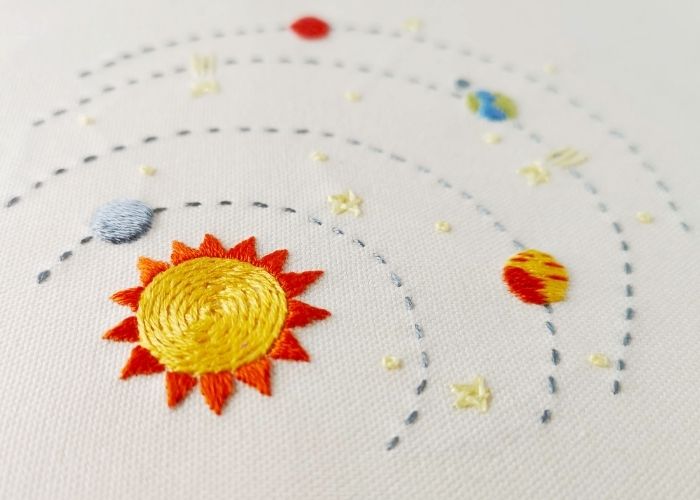 Solar system embroidery with running stitch, satin stitch and woven stars