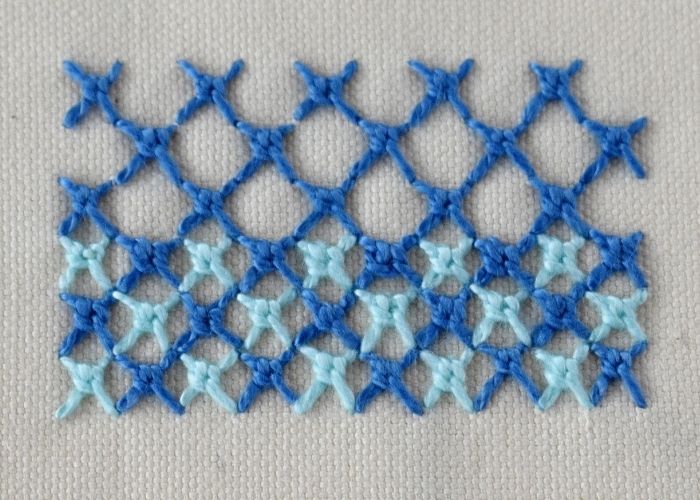 Sorbello Stitch embroidery with blue pearl cotton