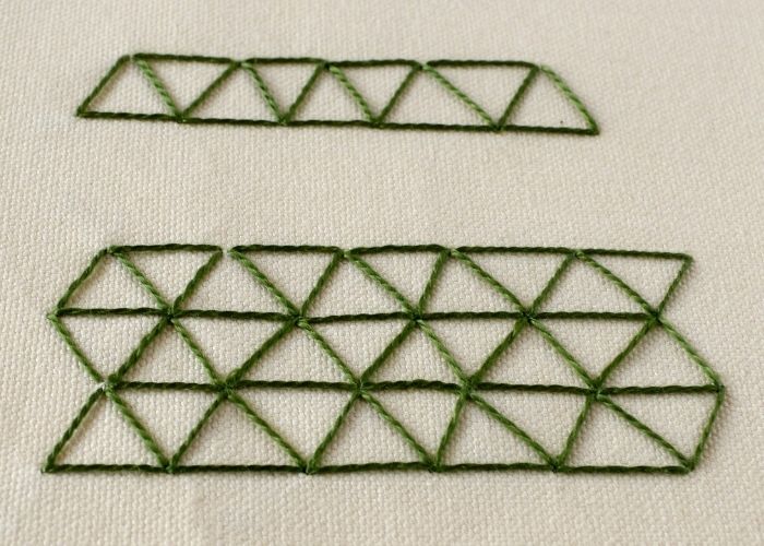 Triangular Turkish Stitch Embroidery with green pearl cotton