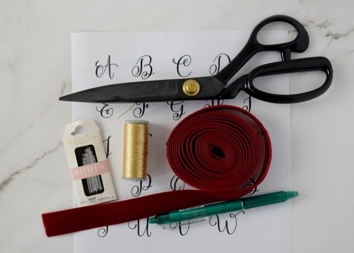 Tools and materials to make monogrammed velvet ribbon