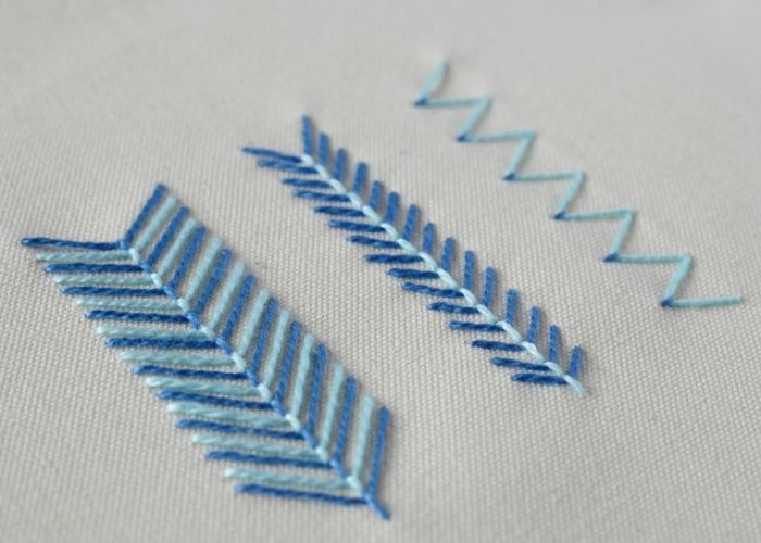 Bi-Colored Fly Stitch embroidery with blue pearl cotton threads